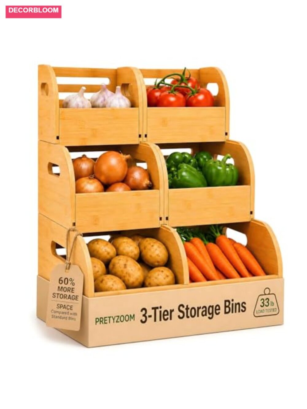 Bamboo 3-Tier Stackable Pantry Storage Bins Breathable Slatted Fruit Vegetable